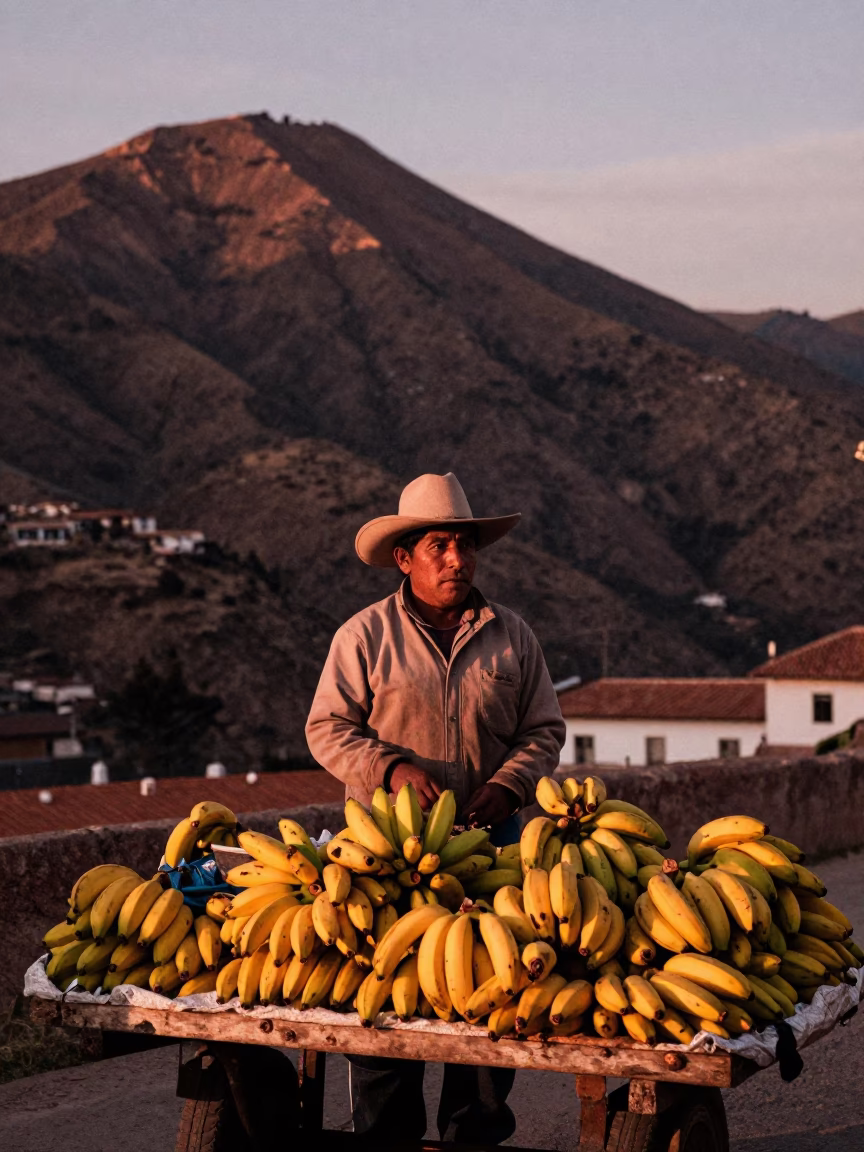 La Paz Bolivia Street Vendor Selling Bananas Under Copper Toned Light Before Dusk in in La Paz, Bolivia