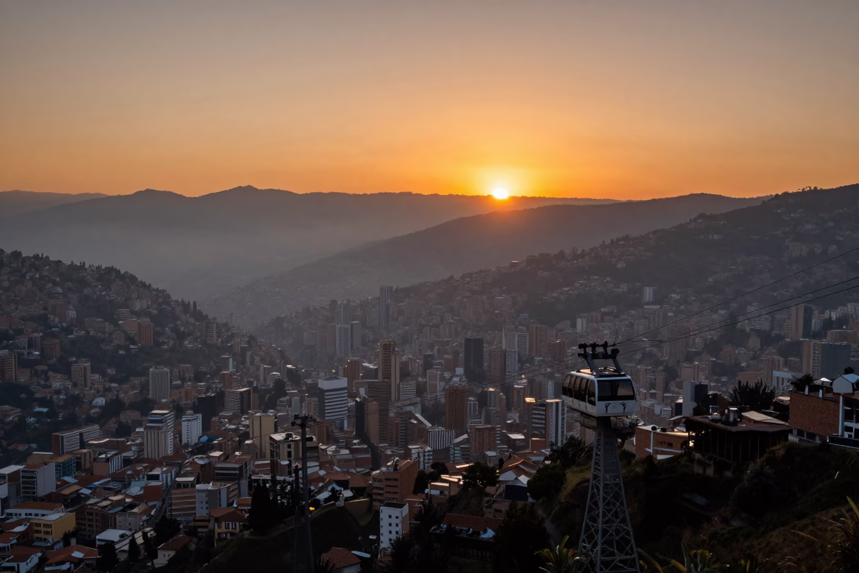 La Paz Bolivia Sunset Aerial Tramway Over Fog Valley And Cityscape in in La Paz, Bolivia