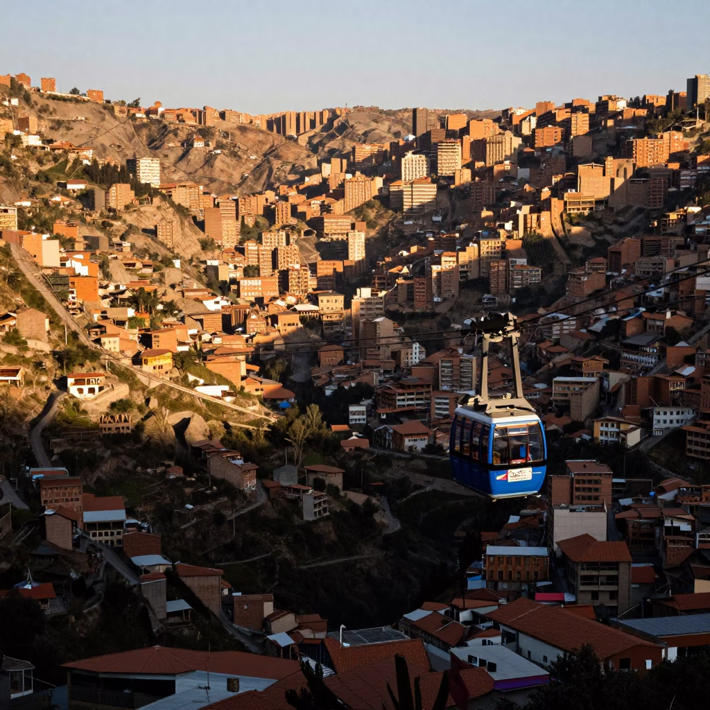 La Paz Bolivia Sunset Cable Car Crossing Valley with Urban Architecture in in La Paz, Bolivia