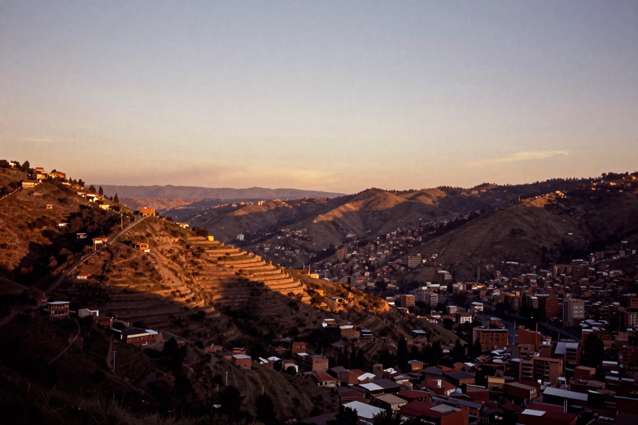 La Paz Bolivia Sunset Landscape View of City Hills and Rolling Carts in in La Paz, Bolivia