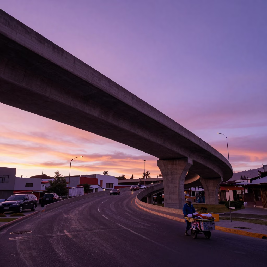 La Paz Bolivia Sunset Overpass Interchange Ramp Slicing Violet Evening Sky in in La Paz, Bolivia