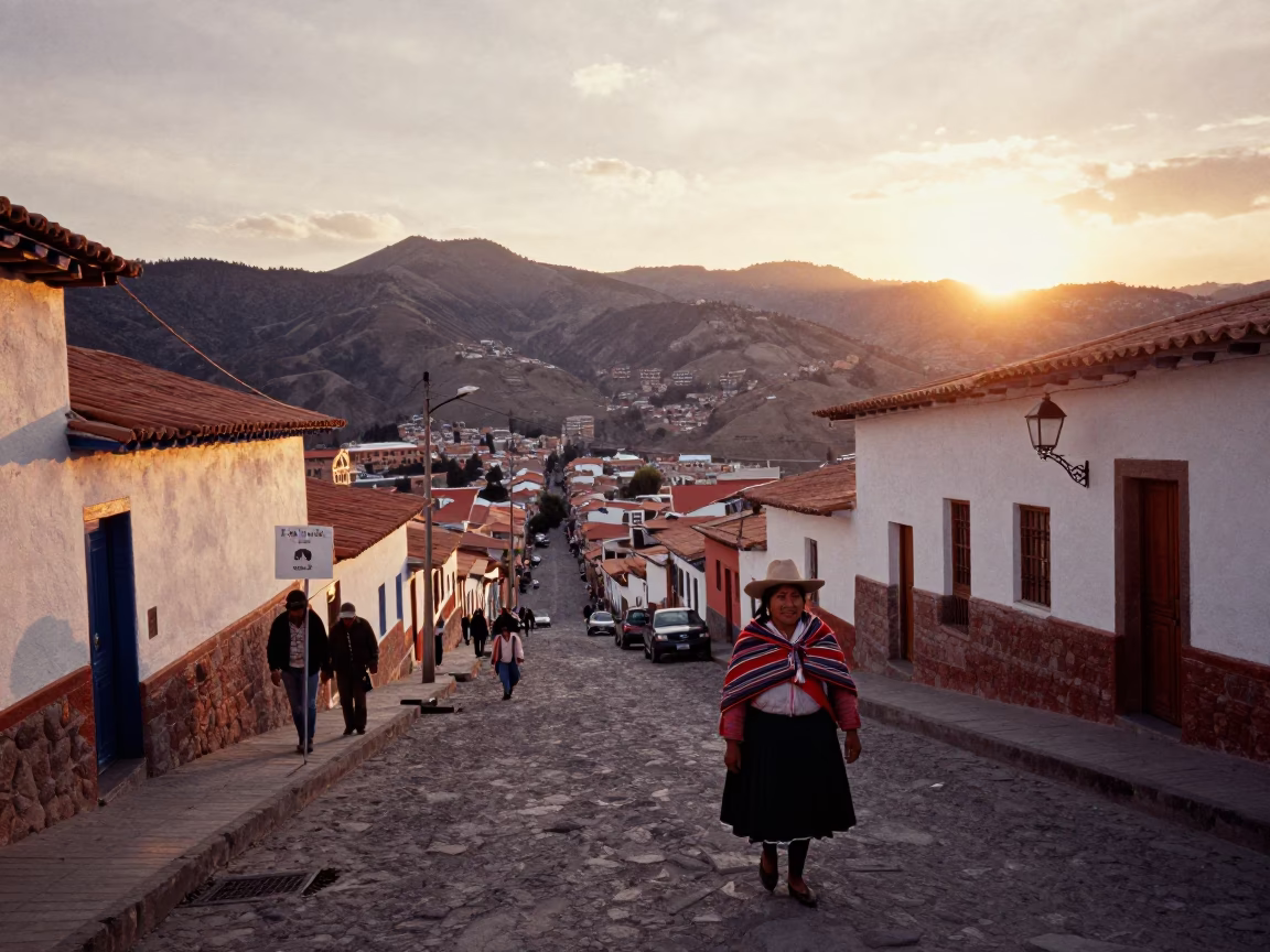 La Paz Bolivia Sunset Street Scene with Andean Textiles and Local Market Activity in in La Paz, Bolivia