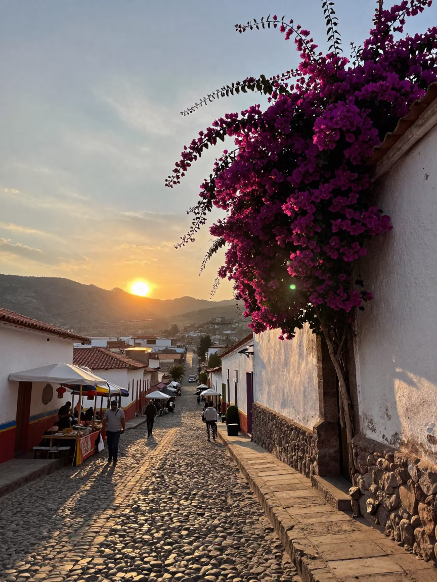 La Paz Bolivia Sunset Street Scene with Bougainvillea and Traditional Market Activity in in La Paz, Bolivia