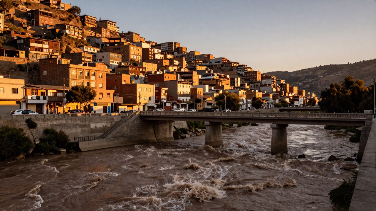 La Paz Bolivia Sunset Street Scene With Bridge Pier And Brown River Current in in La Paz, Bolivia
