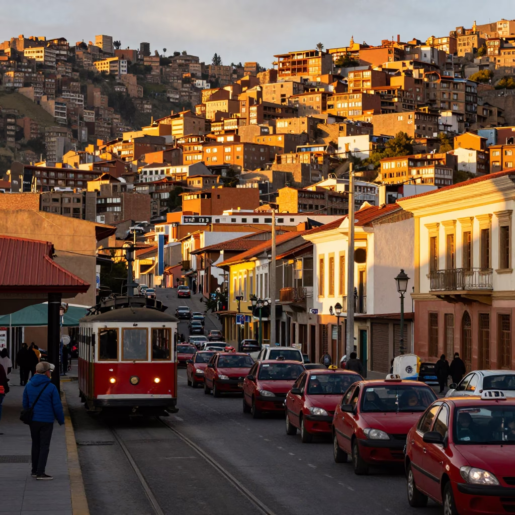 La Paz Bolivia Sunset Street Scene with Cable Cars and Busy Taxi Rank in in La Paz, Bolivia
