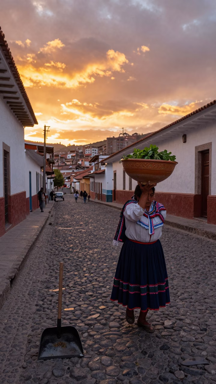 La Paz Bolivia Sunset Street Scene with Ceramic Bowl and Dustpan in Historic District in in La Paz, Bolivia