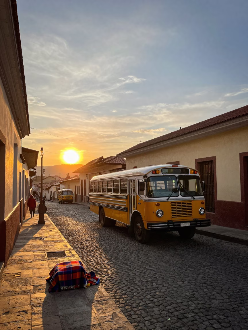 La Paz Bolivia Sunset Street Scene with Classic Bus and Blankets in in La Paz, Bolivia