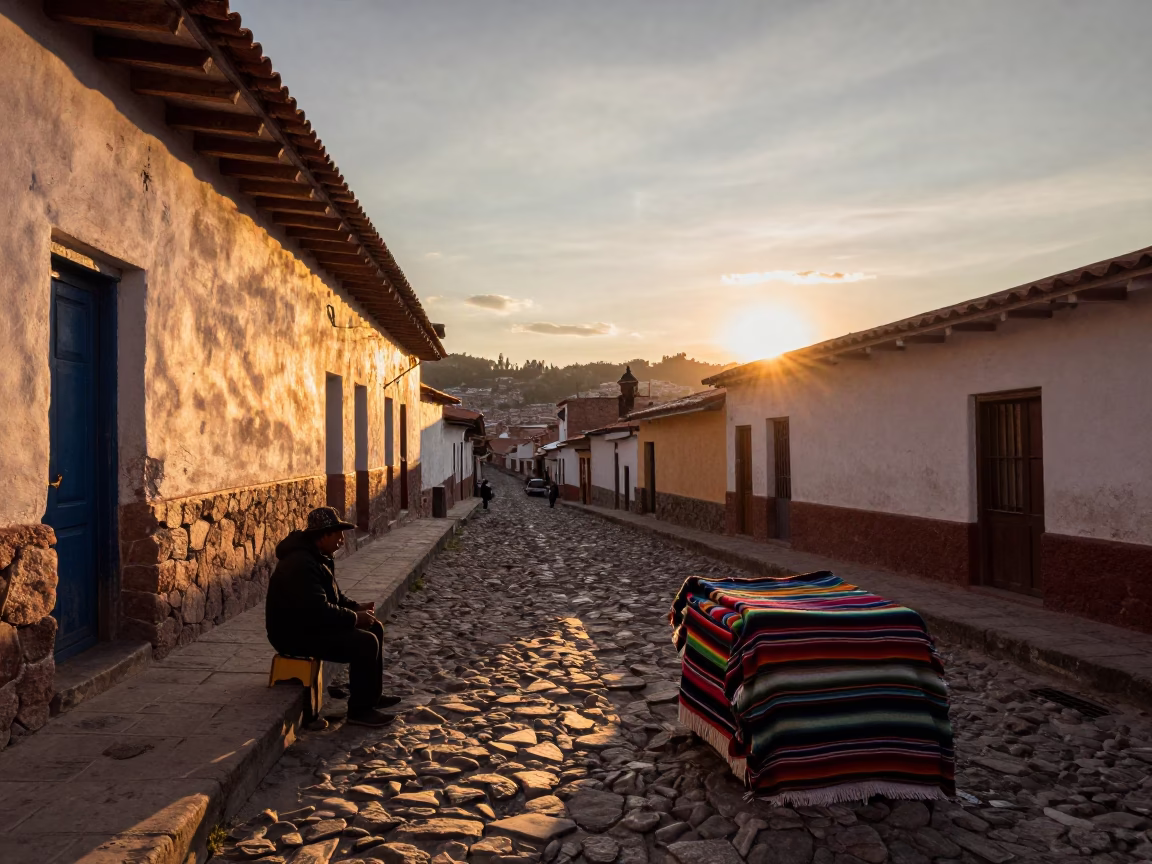 La Paz Bolivia Sunset Street Scene with Colorful Blankets and Traditional Market Activity in in La Paz, Bolivia