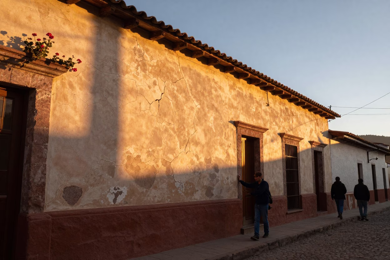 La Paz Bolivia Sunset Street Scene With Cracked Stucco And Geraniums in in La Paz, Bolivia