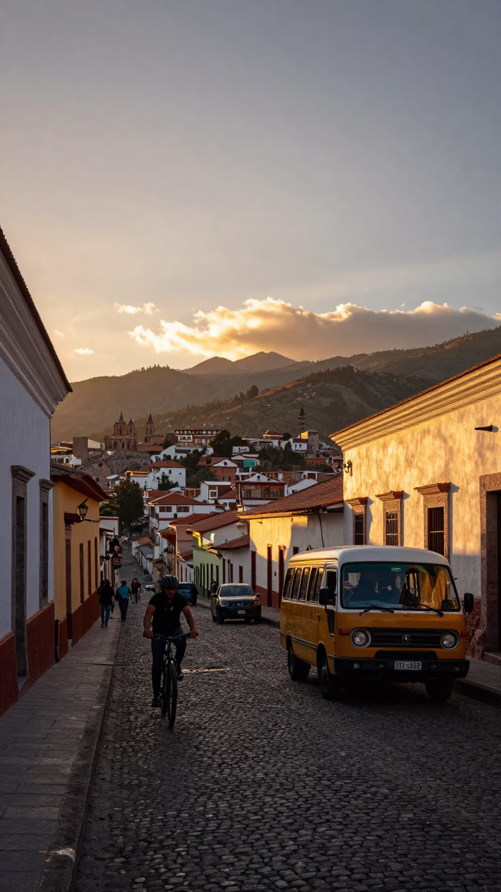 La Paz Bolivia Sunset Street Scene with Cyclist and Matatu Minibus in in La Paz, Bolivia