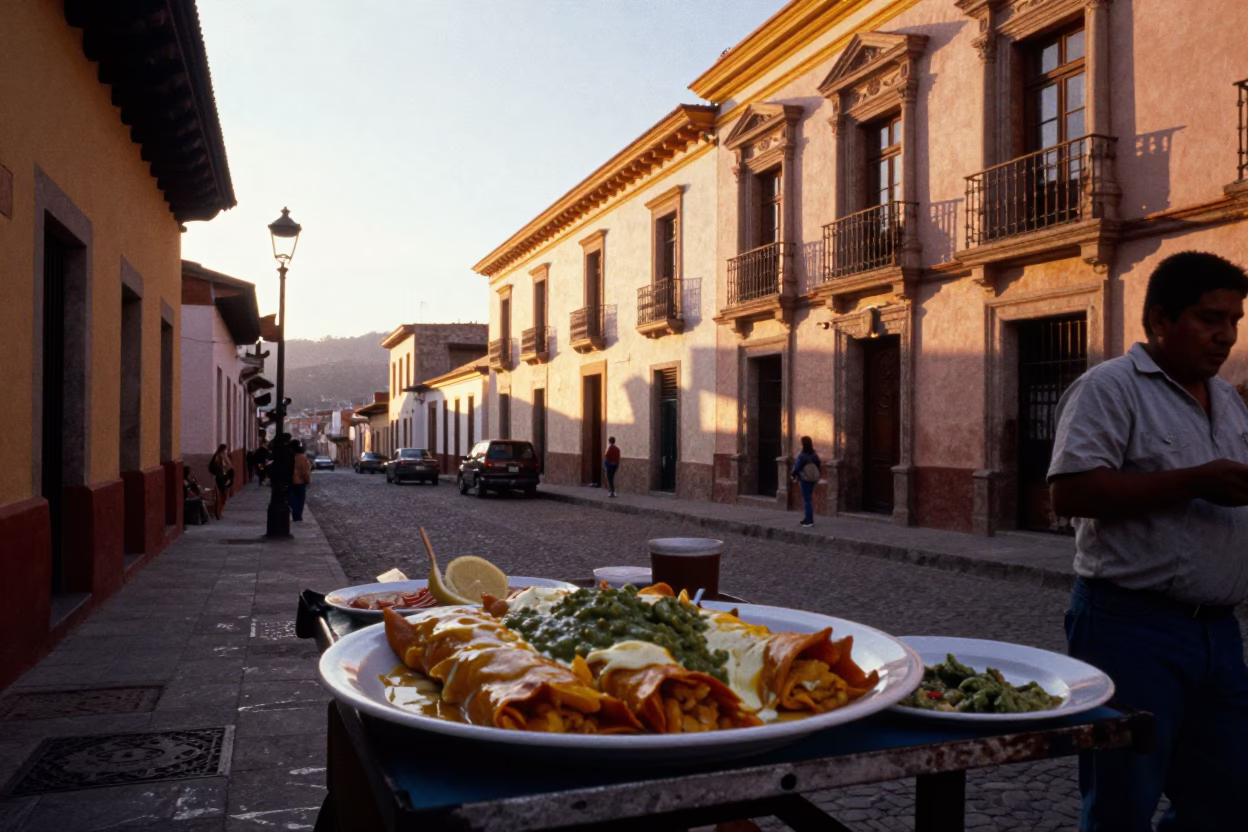 La Paz Bolivia Sunset Street Scene with Enchiladas and Local Life in in La Paz, Bolivia