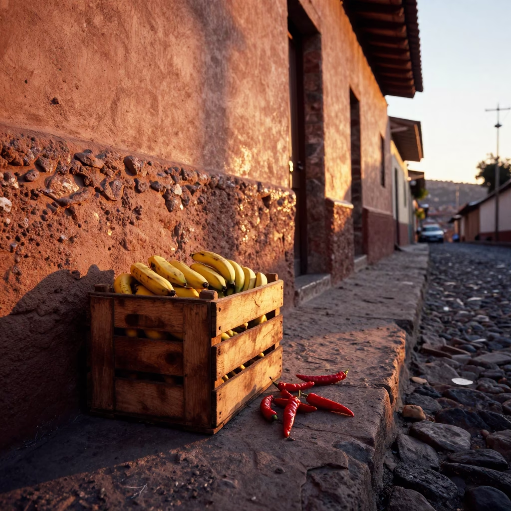 La Paz Bolivia Sunset Street Scene with Fruit Crate and Chili Peppers at Dusk in in La Paz, Bolivia