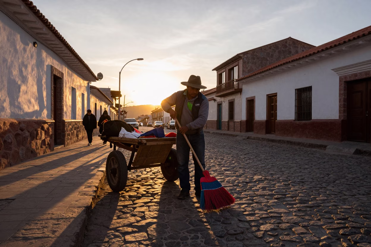 La Paz Bolivia Sunset Street Scene with Local Vendor and Traditional Brooms in in La Paz, Bolivia