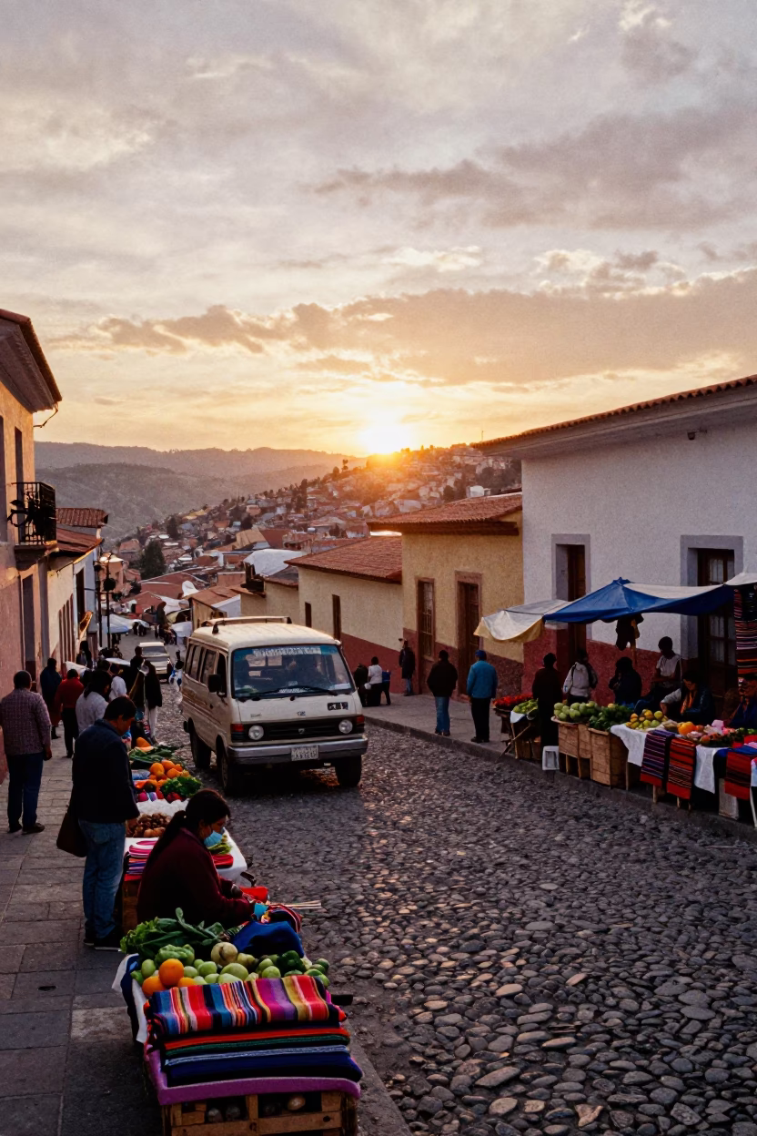 La Paz Bolivia Sunset Street Scene with Matatu and Local Market Activity in in La Paz, Bolivia