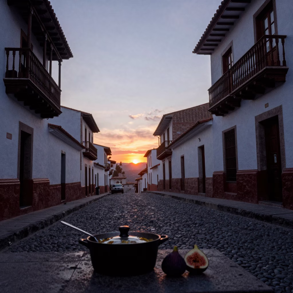 La Paz Bolivia Sunset Street Scene with Saucepan and Figs in in La Paz, Bolivia