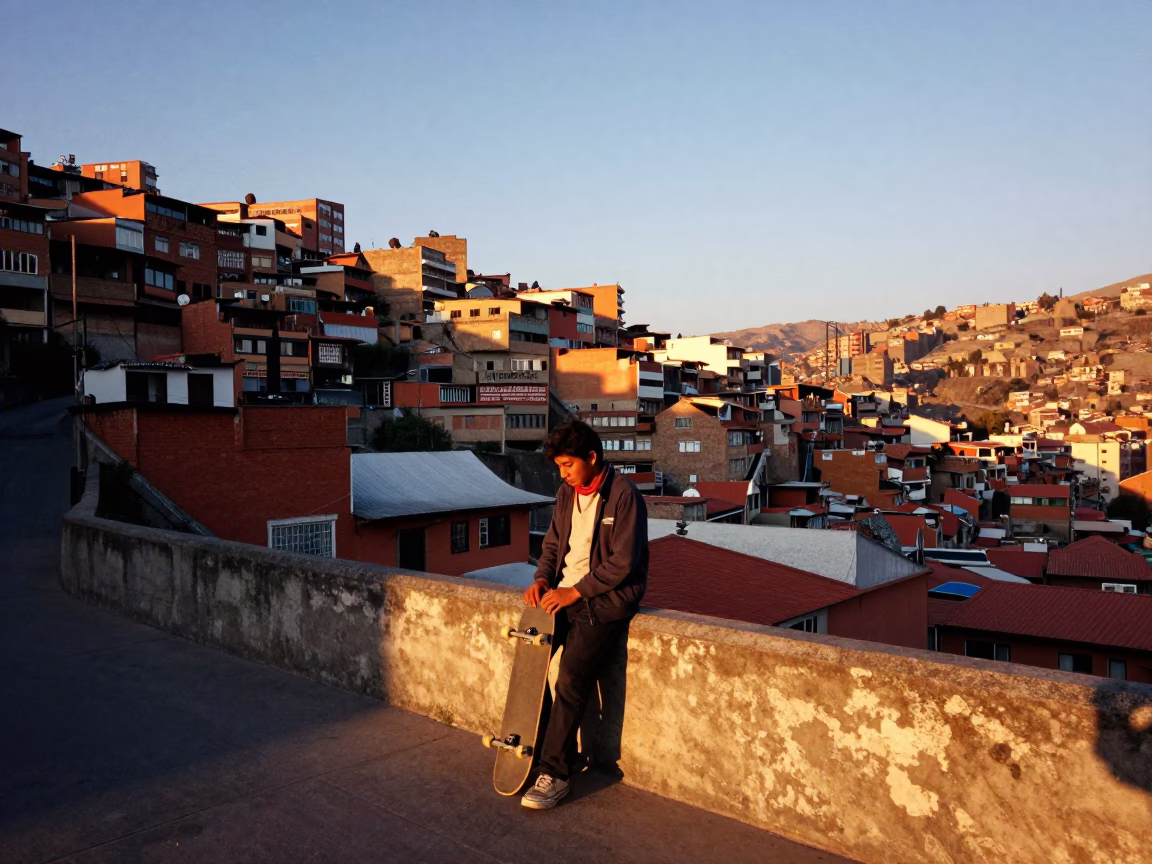 La Paz Bolivia Sunset Street Scene with Skateboard and Urban Architecture in in La Paz, Bolivia