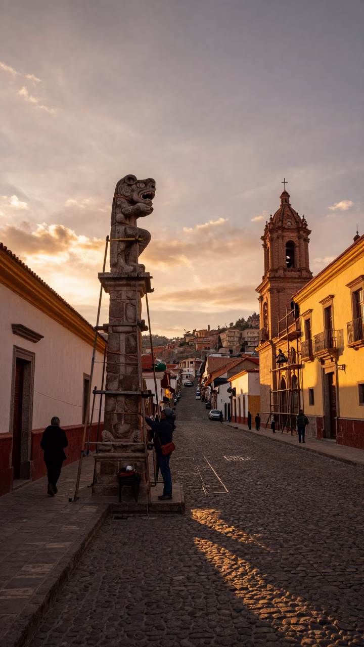 La Paz Bolivia Sunset Street Scene with Stonemason Gargoyle Sculpture and Urban Architecture in in La Paz, Bolivia