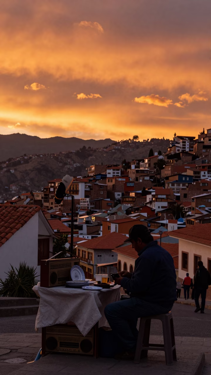 La Paz Bolivia Sunset Street Scene with Vintage Radio and Plate on Wooden Table in in La Paz, Bolivia