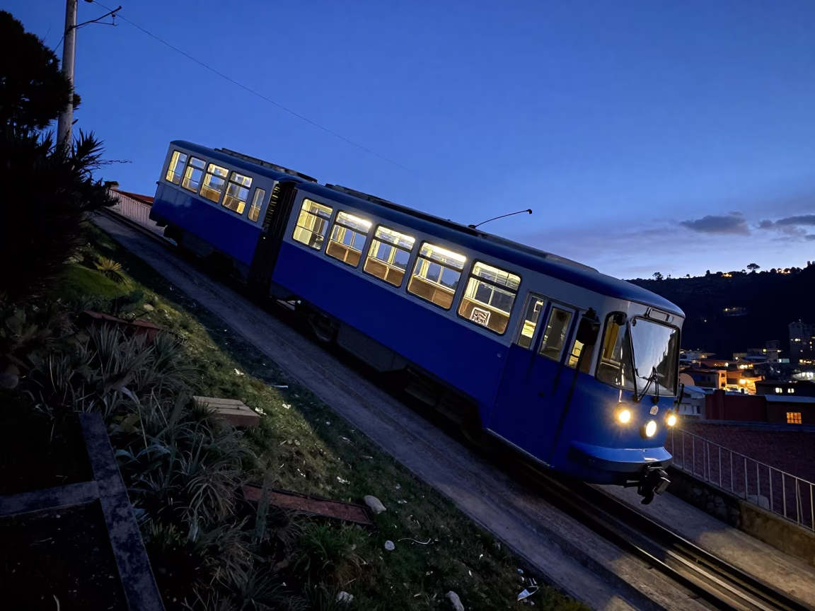 La Paz Bolivia Tram Climbing Steep Hill in Indigo Twilight in in La Paz, Bolivia