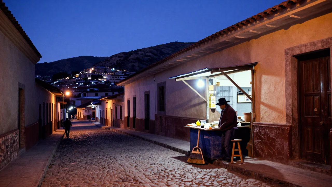 La Paz Bolivia Twilight Street Scene with Broom and Work Stool in Indigo Light in in La Paz, Bolivia