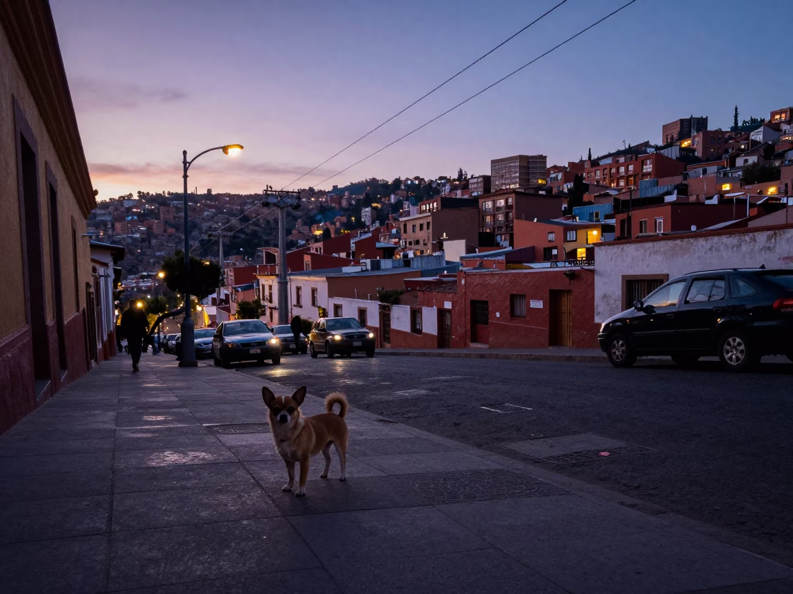 La Paz Bolivia Twilight Street Scene with Chihuahua and Urban Architecture in in La Paz, Bolivia