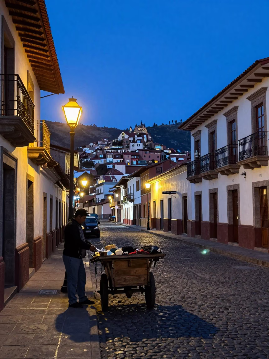 La Paz Bolivia Twilight Street Scene with Lantern and Local Interaction in in La Paz, Bolivia