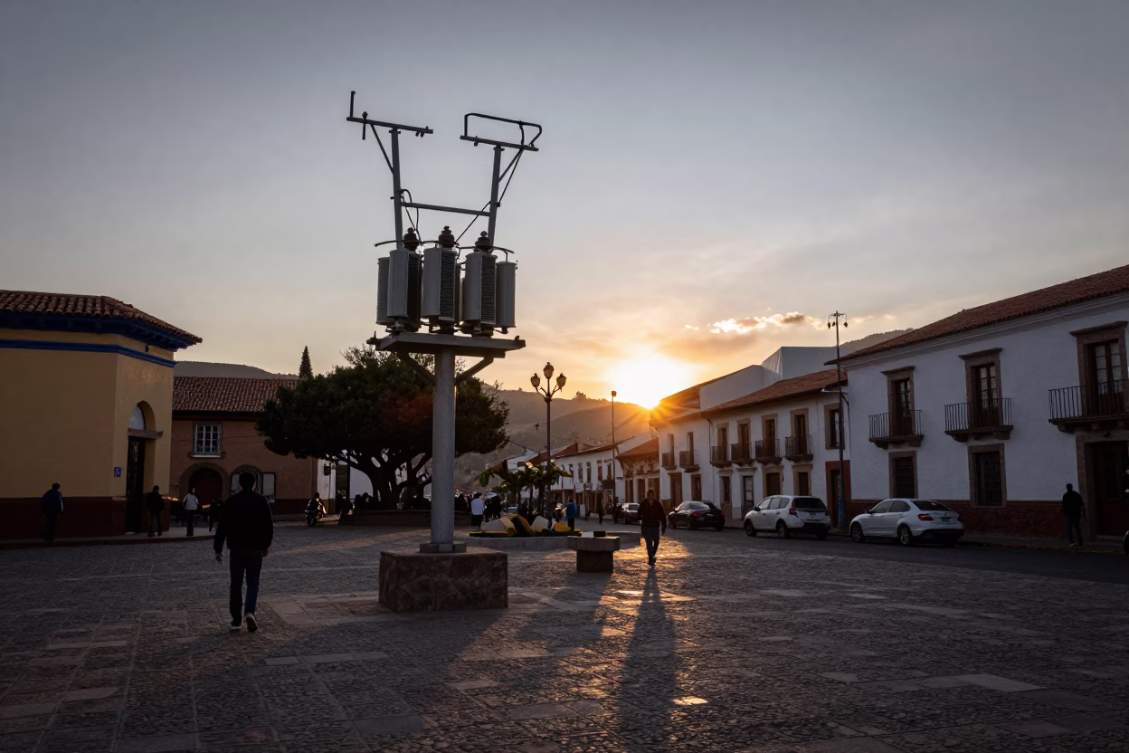 La Paz Bolivia Twilight Street Scene with Substation Transformer and Local Interaction in in La Paz, Bolivia