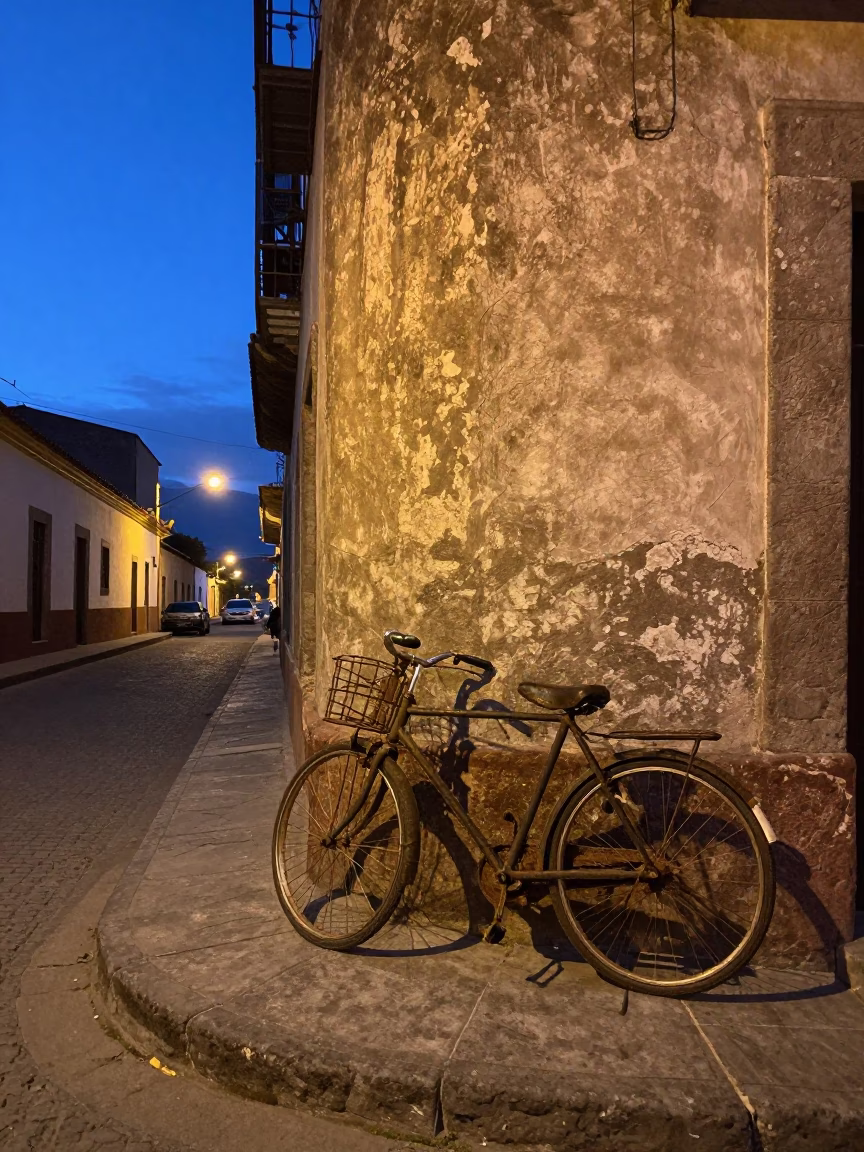 La Paz Bolivia Twilight Street Scene With Vintage Bicycle And Rusty Sill Detail in in La Paz, Bolivia