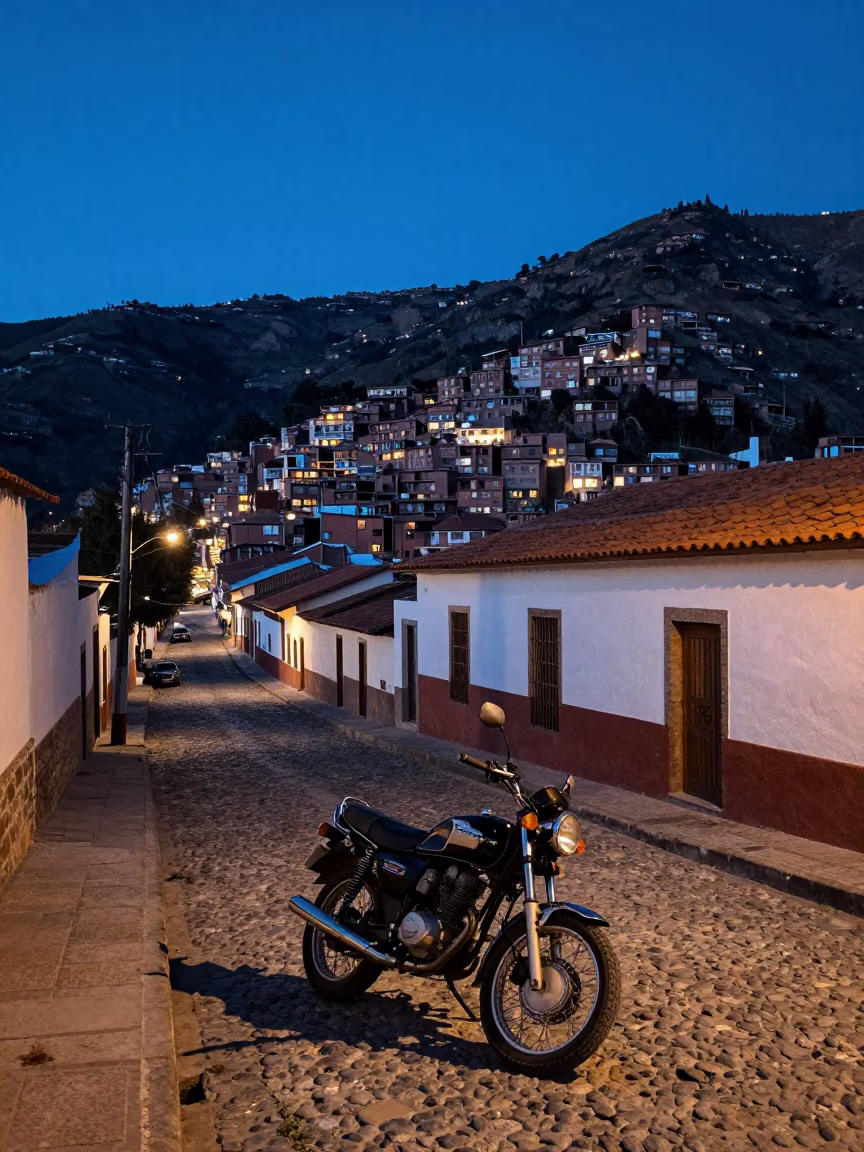 La Paz Bolivia Twilight Street Scene with Vintage Motorcycle and Local Market Activity in in La Paz, Bolivia
