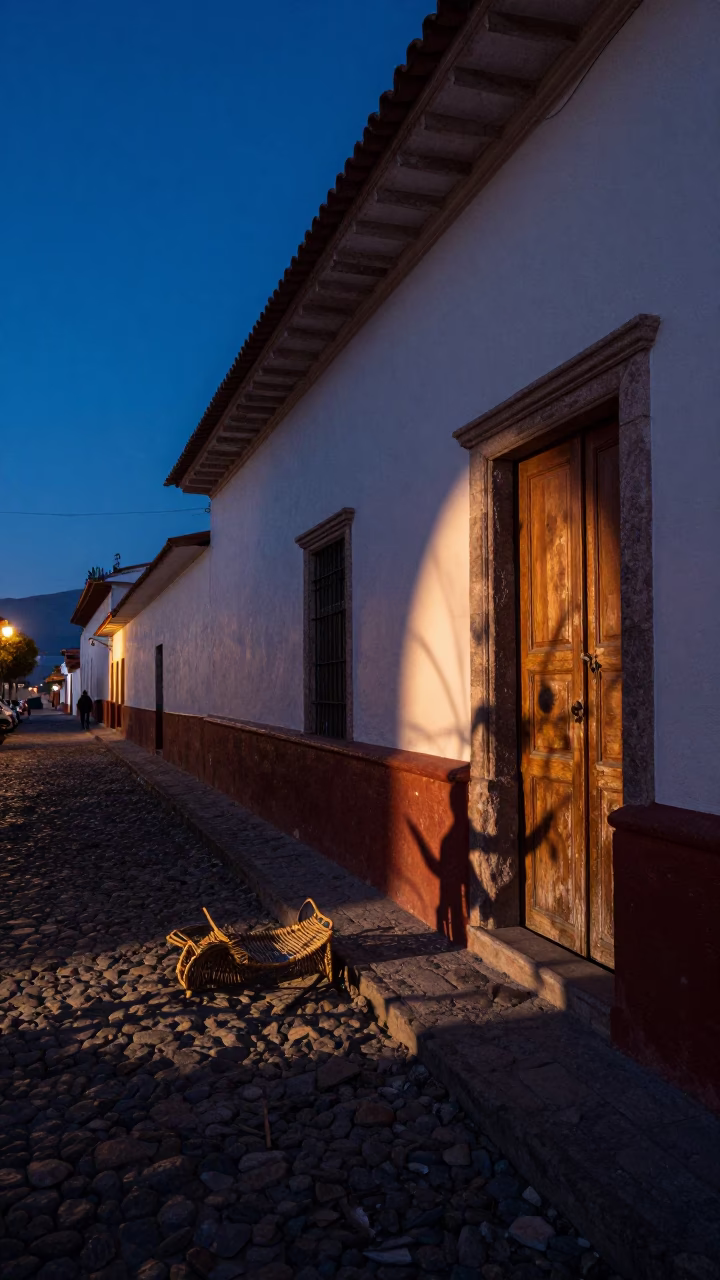 La Paz Bolivia Twilight Street Scene with Wicker Shadow and Vintage Pocket Watch in in La Paz, Bolivia