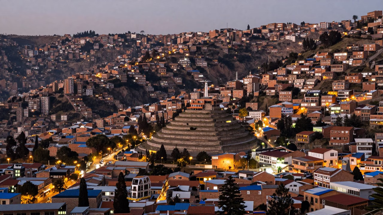 La Paz Bolivia Urban Landscape at Dusk with Funicular and Terraced Hills in in La Paz, Bolivia