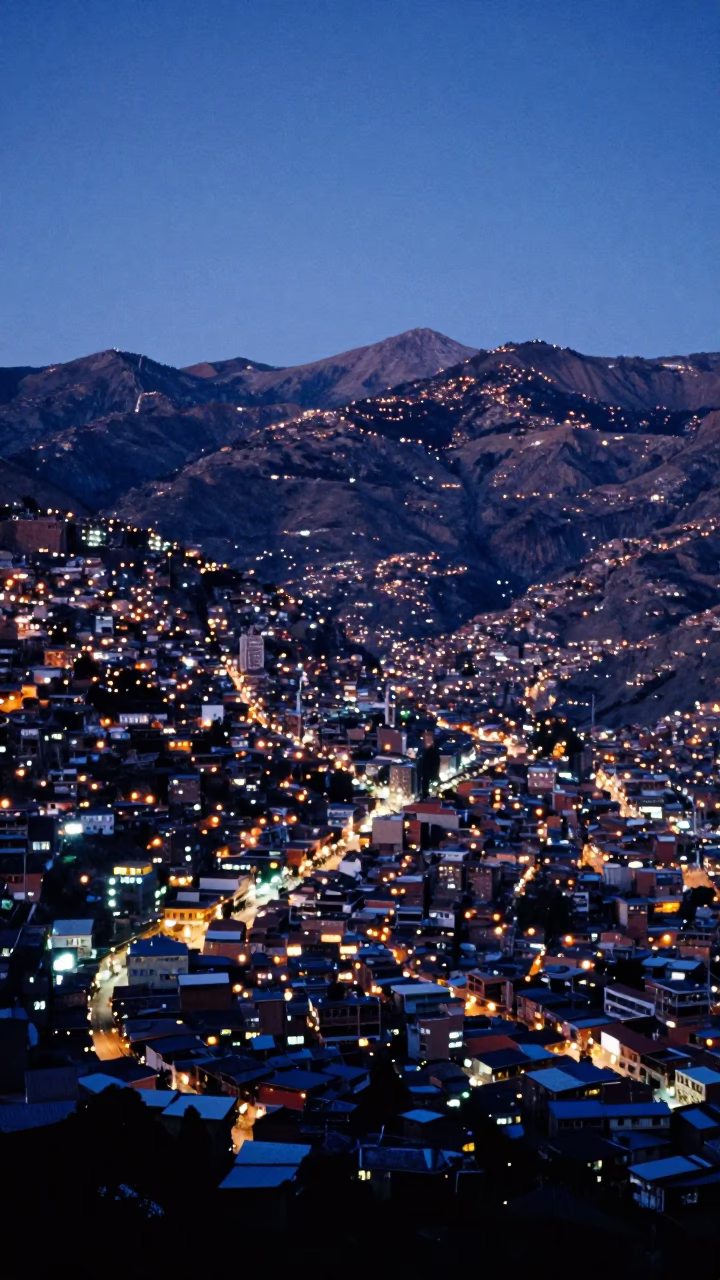 La Paz City Lights And Andes Mountains at Blue Hour in in La Paz, Bolivia
