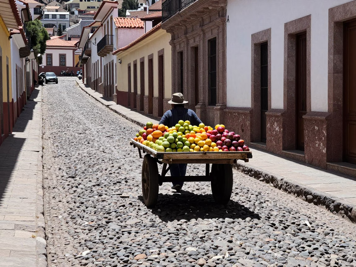 La Paz Cobblestone Street at The Flat Glare Of Noon Light in in La Paz, Bolivia