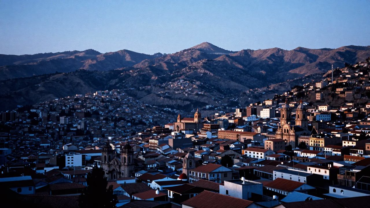 La Paz Colonial Architecture And Andean Mountain Range Horizon at Sunrise Light in in La Paz, Bolivia