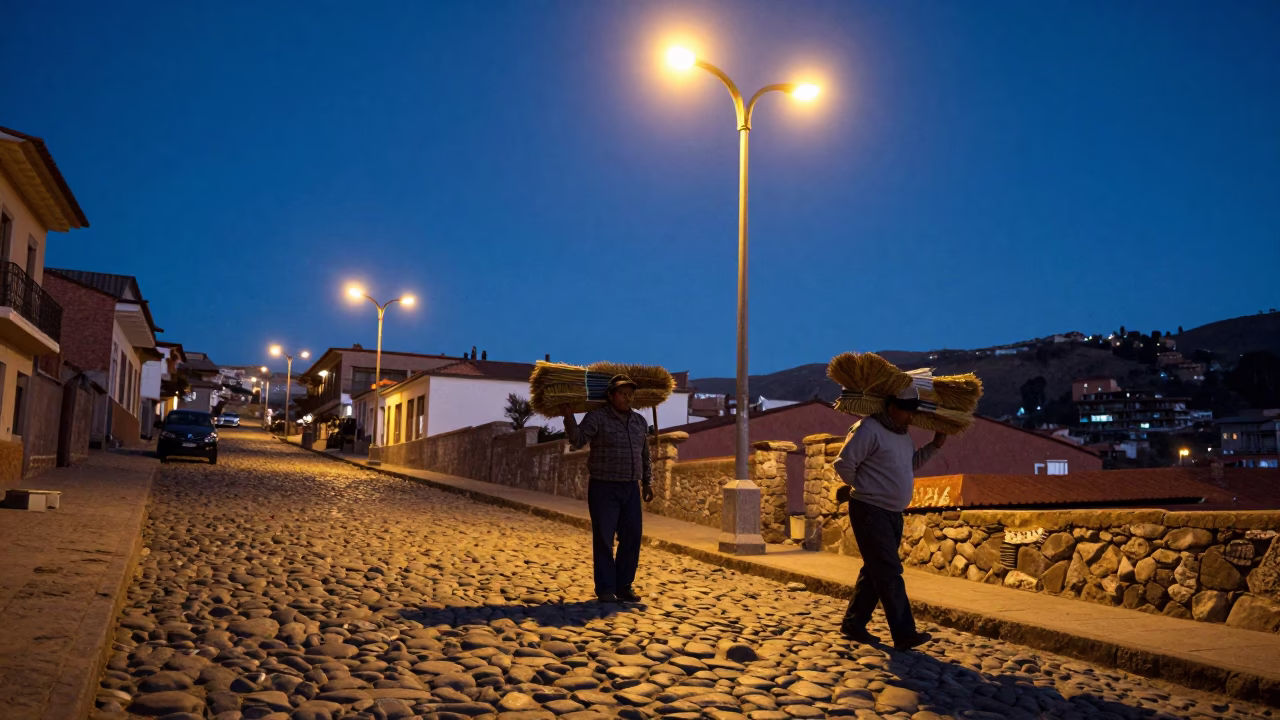 La Paz Street Vendor Selling Brooms Under Blue Hour Streetlights in in La Paz, Bolivia