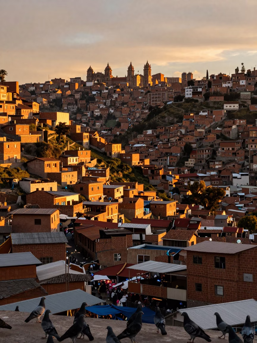 La Paz Sunset Skyline View with Pigeons and Traditional Market Details in in La Paz, Bolivia
