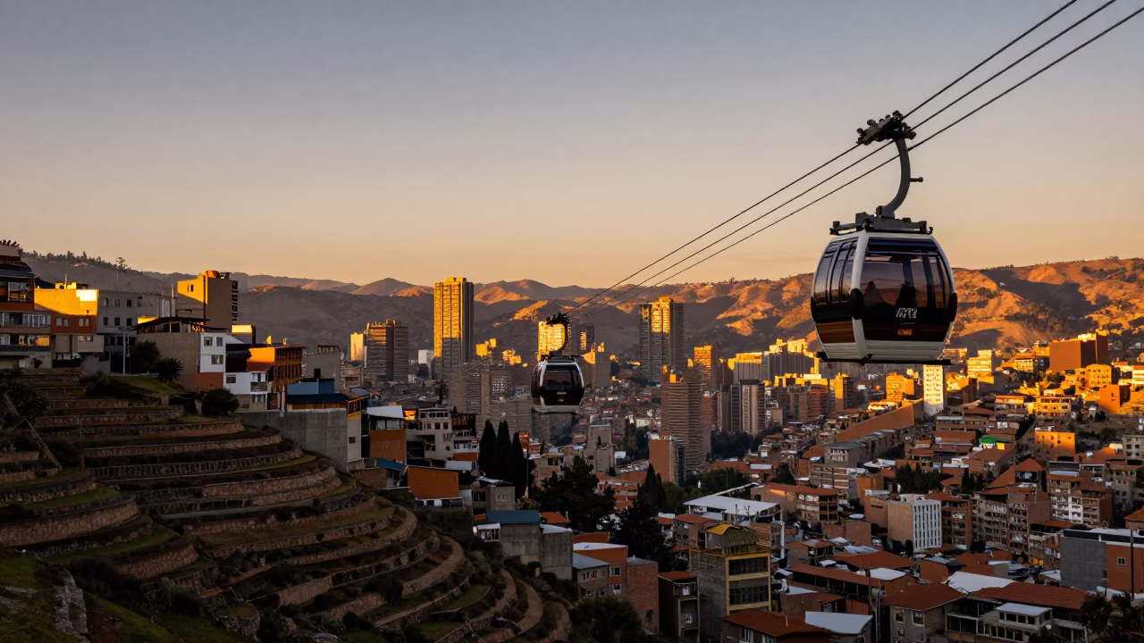 La Paz Sunset Skyline with Mi Teleférico Gondolas Over Andes Mountains in in La Paz, Bolivia