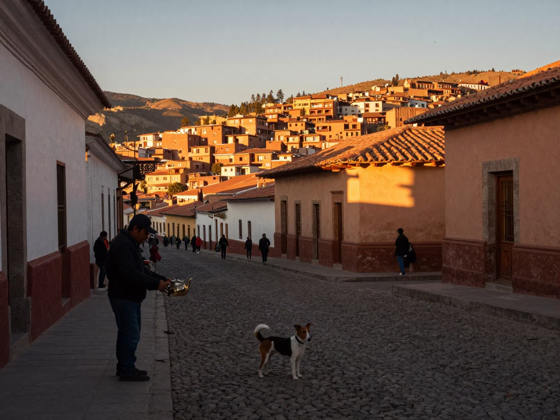 La Paz Sunset Street Scene with Teapot and Bedlington Terrier in in La Paz, Bolivia