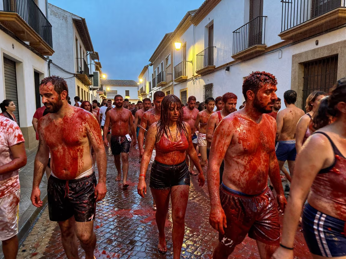 La Tomatina Festival Crowd Under Blue Hour Drizzle in at a festival street procession in Buñol
