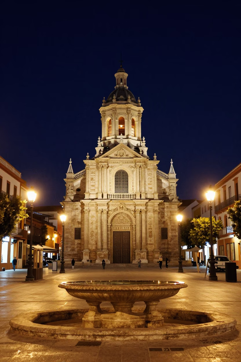 La Virgen in Valencia at The Deepest Night Sky Light in in Valencia, Spain