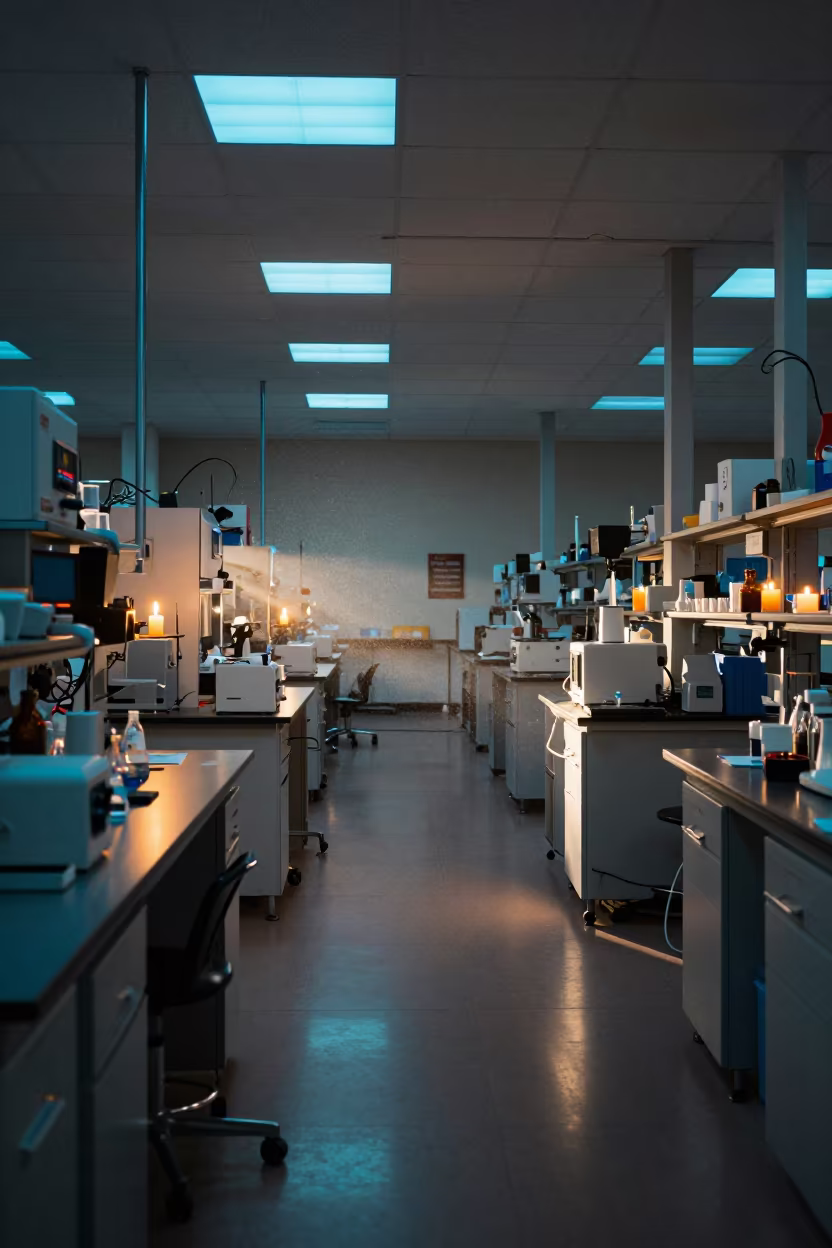 Lab Bay Dusty Skylight Evening Glow in inside a university research lab near Holon