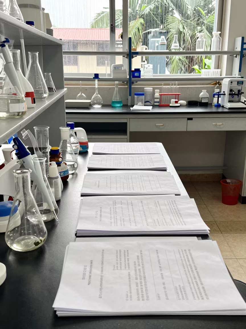 Lab Bench Flasks Notes Pipettes Bamako Noon in in a bright laboratory in Bamako