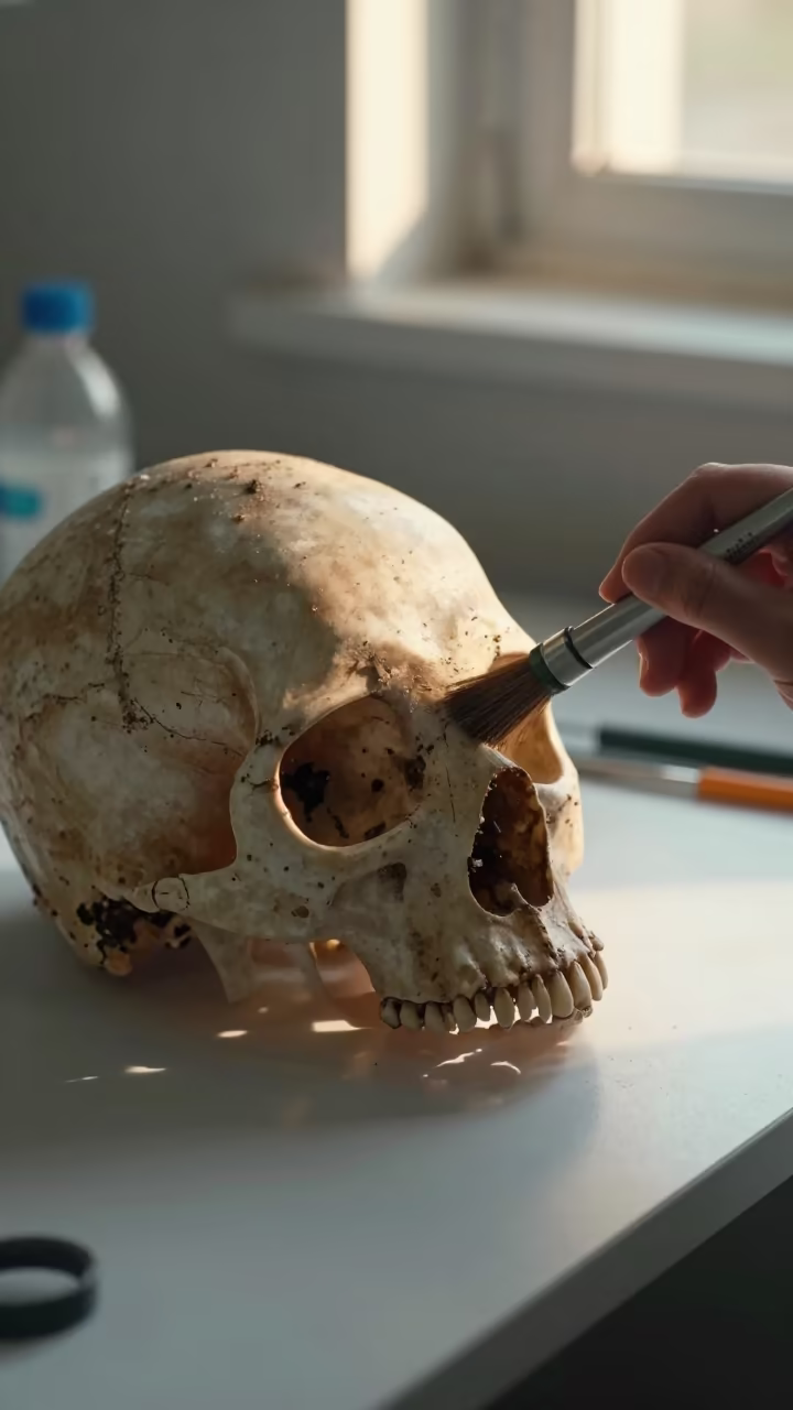 Lab Brushing Fossil Skull in Ile Ife Light in in a bright laboratory in Ile Ife