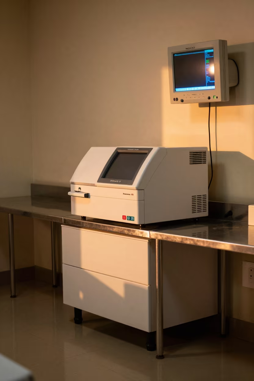 Lab Centrifuge at Nurse Station Bouaflé in at a nurse station under monitor glow in Bouaflé