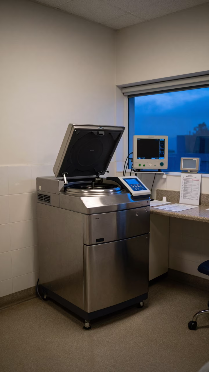 Lab Centrifuge at Nurse Station Before Dawn Mexico City in at a nurse station under monitor glow near Mexico City