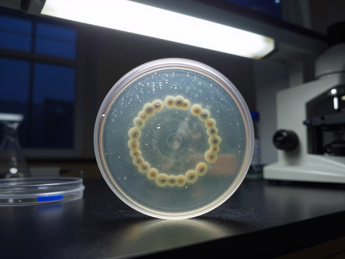 Lab Colony Ringed by Condensation Under Fluorescent Light in at an engineering workbench in Hillah