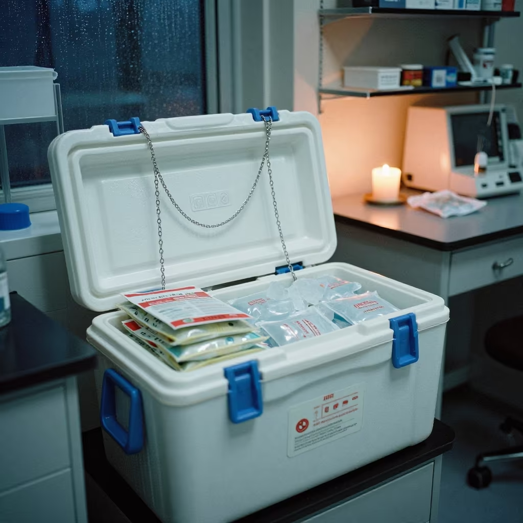 Lab Cooler with Bags in Late Night in inside an imaging suite in Sheikh Othman