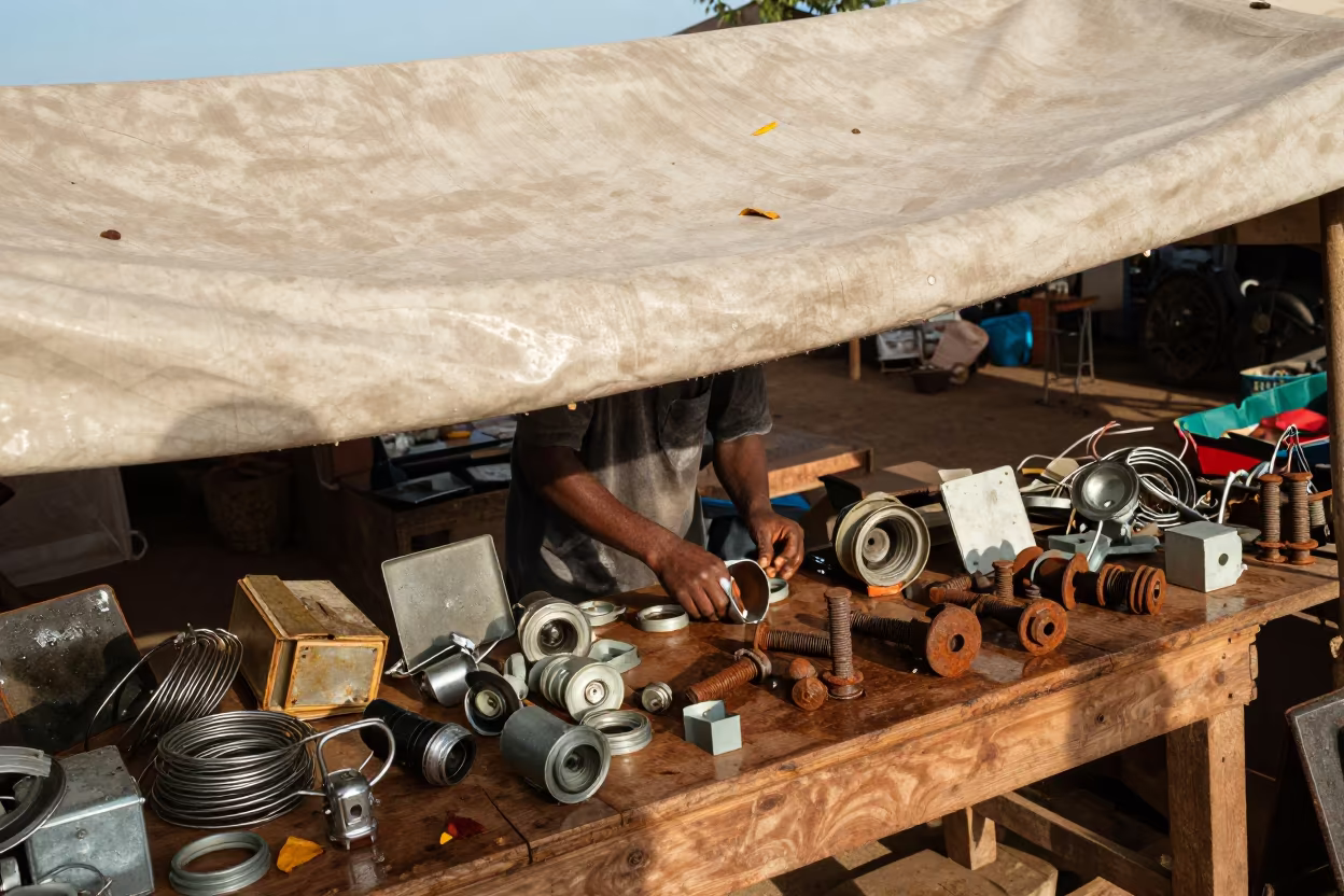 Labé Flea Market Junk Dealer Sorting Hardware in at a market stall in Labé