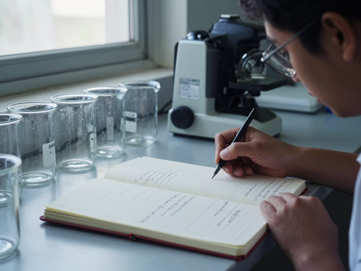 Lab Notebook and Beakers on Cúcuta Workbench in at an engineering workbench in Cúcuta