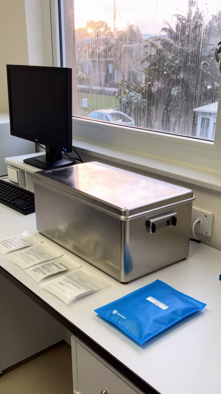 Lab Specimen Cooler at Nurse Station with Ice Packs in at a nurse station under monitor glow in Newtown, Johannesburg